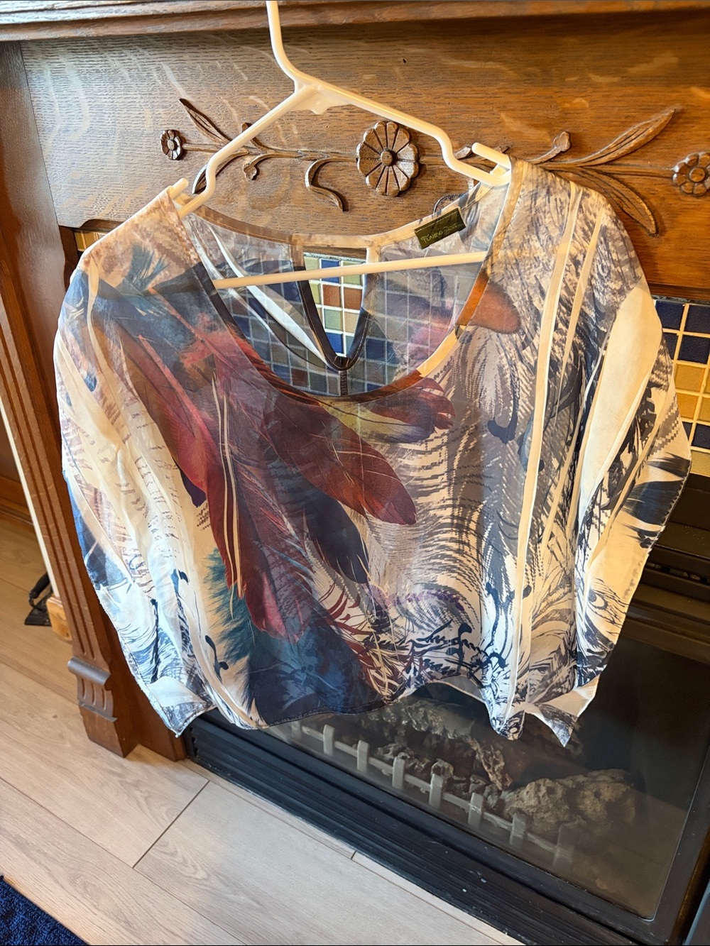 Sheer Feather-Print Blouse in Navy and Burgundy - Unbranded